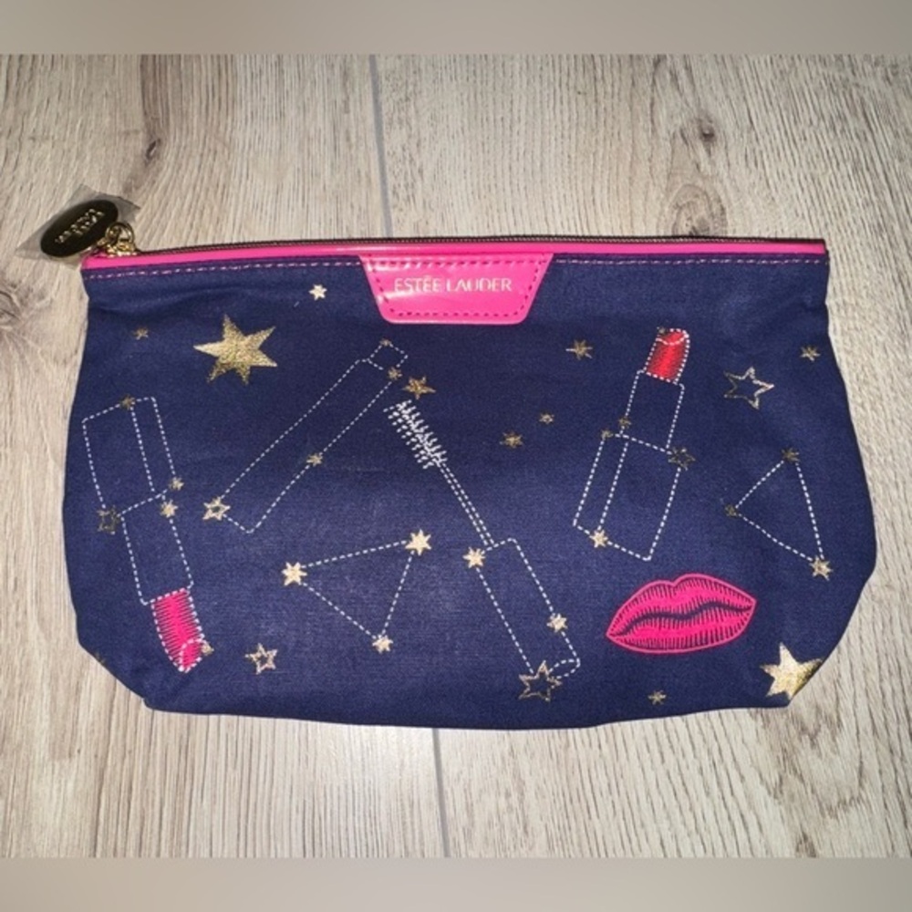 Estee Lauder Navy Cosmetic Bag with Pink Accents makeup bag